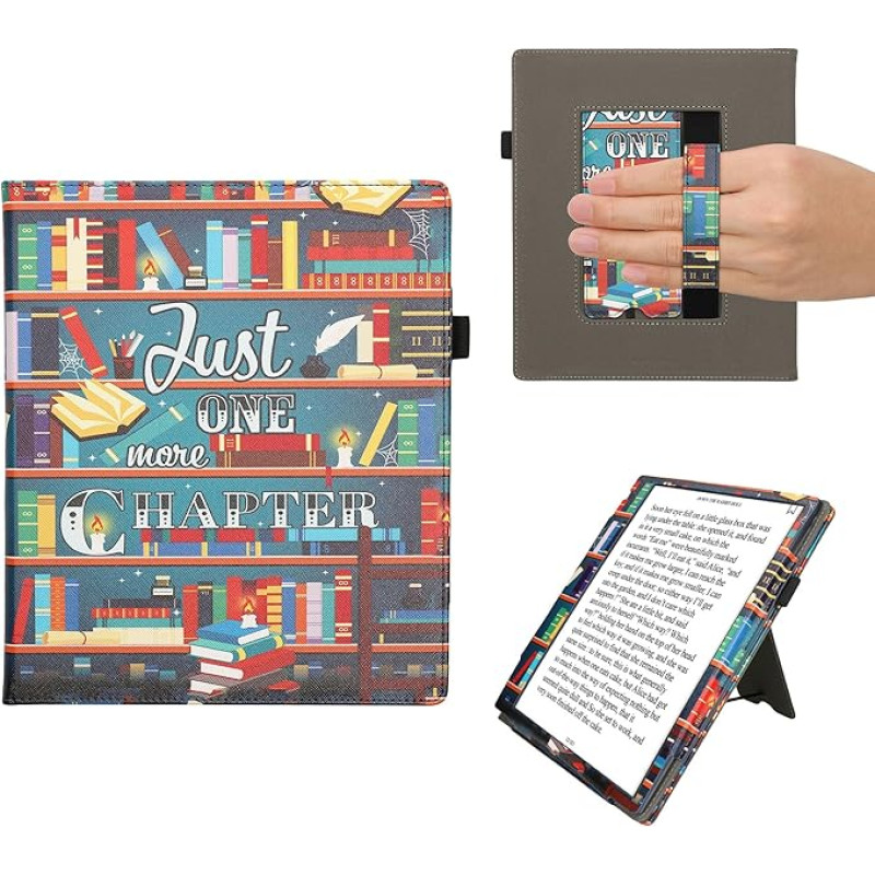 kwmobile Flip Cover Compatible with Pocketbook InkPad Eo/Bigme InkNote Color+ - Case with Wrist Strap Library Theme Multicoloured