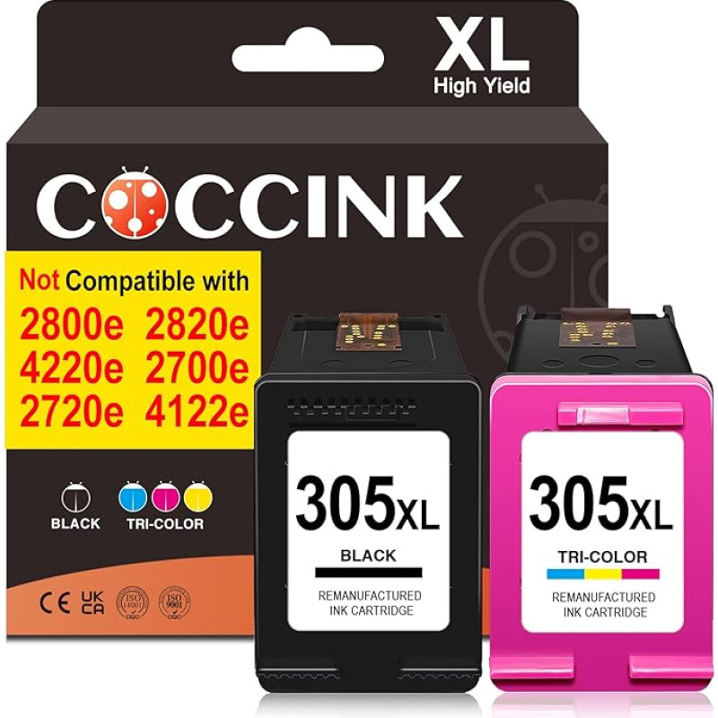 COCCINK 305 XL kasetės HP 305 spausdintuvui skirtos HP Envy 6000 kasetės 6020 6020e 6420 6420e 6032 6032e Envy Pro 6400 6432e (1 juoda ir 1 spalvota), skirtos HP 305XL kasetėms