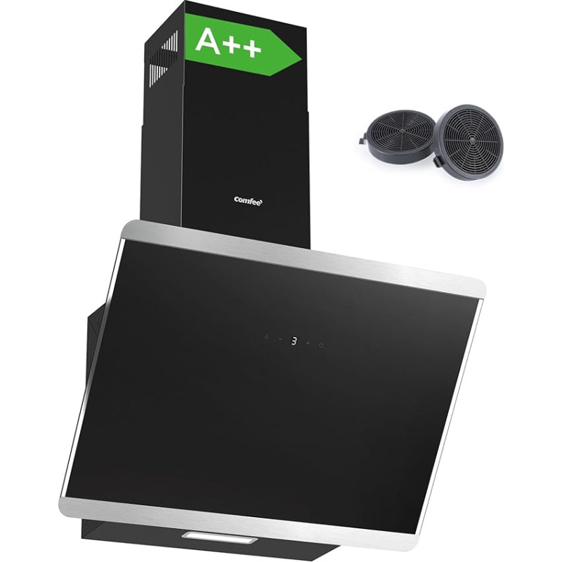 COMFEE CH60J64ET4A2B A++ 60 cm viryklės gartraukis, 60 cm šaldiklio gartraukis, recirkuliacinis ir ištraukiamasis oras, 380 m³/h oro srautas, nerūdijančio plieno/stiklo dizainas, jutiklinis ekranas, LED, ištraukiamasis gartraukis su anglimi