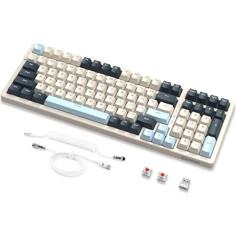 MAMBASNAKE × FREEWOLF K8 Bunte mechanische 3-Modu Tastatur, 2,4 G kabeliuose Bluetooth Gaming Tastatur mit Spiralkabel, 19 RGB, Hot-Swap roter Schalter für Laptop, PC, Mac - Blaubeere