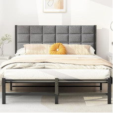 JUISSANO Upholstered Bed 140 x 200 cm Bed with Slatted Frame, Metal Bed Frame 140 x 200 cm, Metal Bed 140 x 200 cm with Padded Headboard, Height 27 cm Storage Space, Youth Bed, Double Bed, Bed Frame