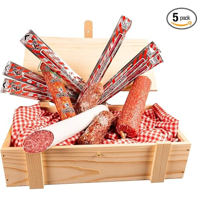 Wurstbaron® Saliami dešrelių dovanų dėžutė, pagaminta iš medžio, su saliamio patiekalais