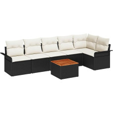7-teiliges Garten Sofa Set mit Kissen Schwarz Poly-Rattan Akazie Gartenlounge Model3347334