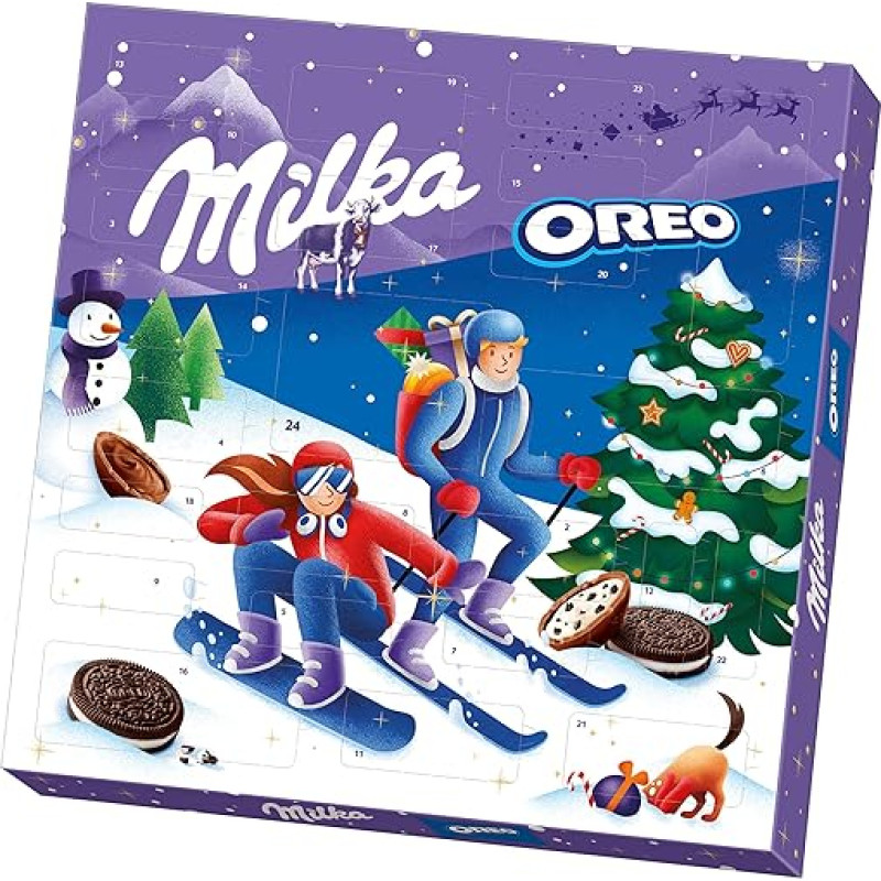 Milka & OREO Advento kalendorius 1 x 284 g I Advento kalendorius su šokoladu ir OREO sausainiais I Kalėdų kalendorius I Šokoladinis Advento kalendorius I su Milka šokoladiniais saldainiais Alpių pienas ir OREO