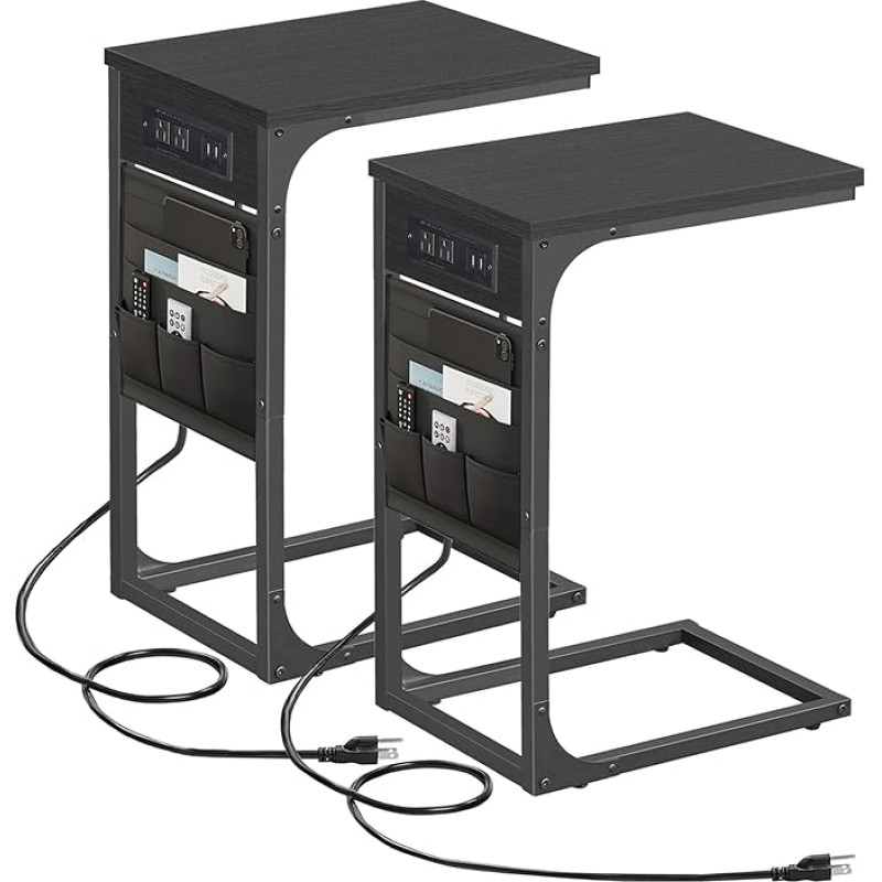 TUTOTAK TB01BK0242 C formos šoninis staliukas su įkrovimo stotele, šoninis staliukas su 2 USB lizdais ir kištukiniais lizdais, C formos užkandžių staliukas su medžiaginiu krepšeliu, 2 vnt.