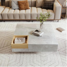 BTM kavos staliukas, svetainės staliukas, šoninis staliukas su nuimama dėže, betoninė pilka ir medžio spalva, 72 x 72 x 30 cm