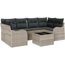 Rantry 7-teiliges Garten-Sofa-Set mit Kissen Hellgrau Poly Rattan, 2-Sitzer Garten-Sofa mit Stauraum & Kissen Hellgrau Poly Rattan Gartenlounge Model3354271