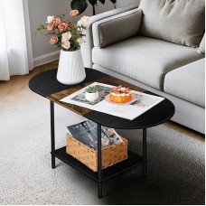 Mažas ovalus kavos staliukas 2 pakopų ūkinis kavos staliukas su saugykla ir atvira lentyna, skirtas svetainei, nedidelei erdvei, namų biurui, kaimiškai rudos ir juodos spalvos