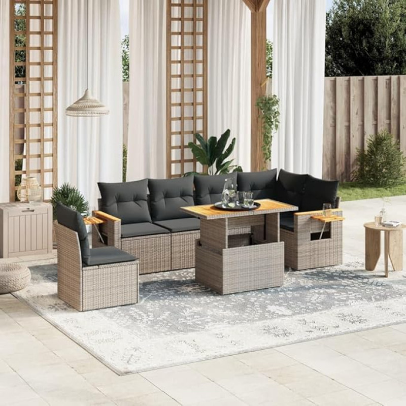 Komplektas Schlafsofa, 7-teiliges Gartensofa-Set mit grauen Kissen aus Polyrattan, Set Schlafsofa, Wohnzimmer, Sofa, Garten, modernes Sofaset für den Außenbereich, Möbel T1