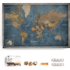 Canvas World Map with Cork Pin Board, German Lettering, Wall Decoration for All Rooms, Decorative Canvas Picture with World Map Motif (70 x 50 cm, Pattern 13)