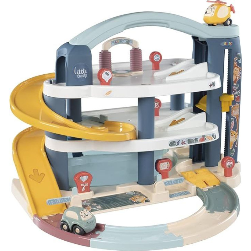 Smoby Toys Little Smoby automobilių stovėjimo aikštelė vaikams nuo 18 mėnesių Didelė automobilių stovėjimo aikštelė su 1 automobiliu, 1 sraigtasparniu, liftu ir priedais