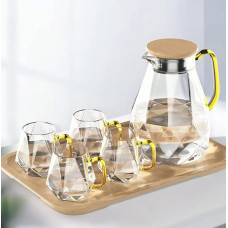 DUJUST Glass Carafe with Lid, 2 Litres, with 4 Cups, 1 Tray, Water Carafe in Modern Diamond Design, Decoration for the Living Room, Water Jug, Heat Resistant Glass Jug for Iced Tea/Milk/Coffee