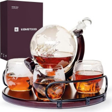 2019 Whiskey Decanter Etched Globe with 4 Glasses with Wooden Stand and Handles Set for Liqueur Scotch Bourbon Vodka