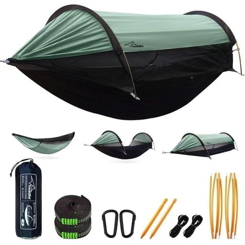 Stovyklavimo hamakų palapinė su tinkleliu nuo uodų ir skėčiu, 290 x 140 cm didelė erdvė, kelių režimų lengvi kabantys hamakai su medžio diržais, grindų palapinė lauke, žygiai kempinge