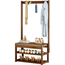 Coat Rack with Shoe Bench, Bamboo Hallway Tree with 2 Tier Shoe Rack and 8/9 Hooks, Freestanding Shoe and Clothes Rack for Entrance, Hallway, Living Room (76 x 29 x 168 cm)