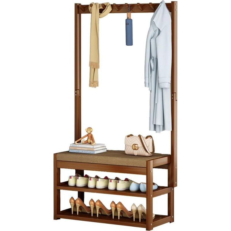 Bambuko prieškambario medis su 2 pakopų batų stovu ir 8/9 kabliukų, laisvai pastatoma batų ir drabužių lentyna įėjimui, prieškambariui, svetainei (76 x 29 x 168 cm)