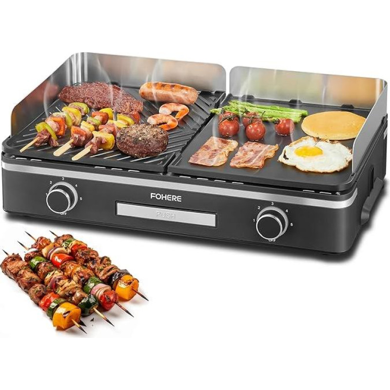 FOHERE Elektrinis 2400 W stalinis grilis su 2 atskirai reguliuojamomis grilio plokštėmis (lygiomis ir grioveliais), 