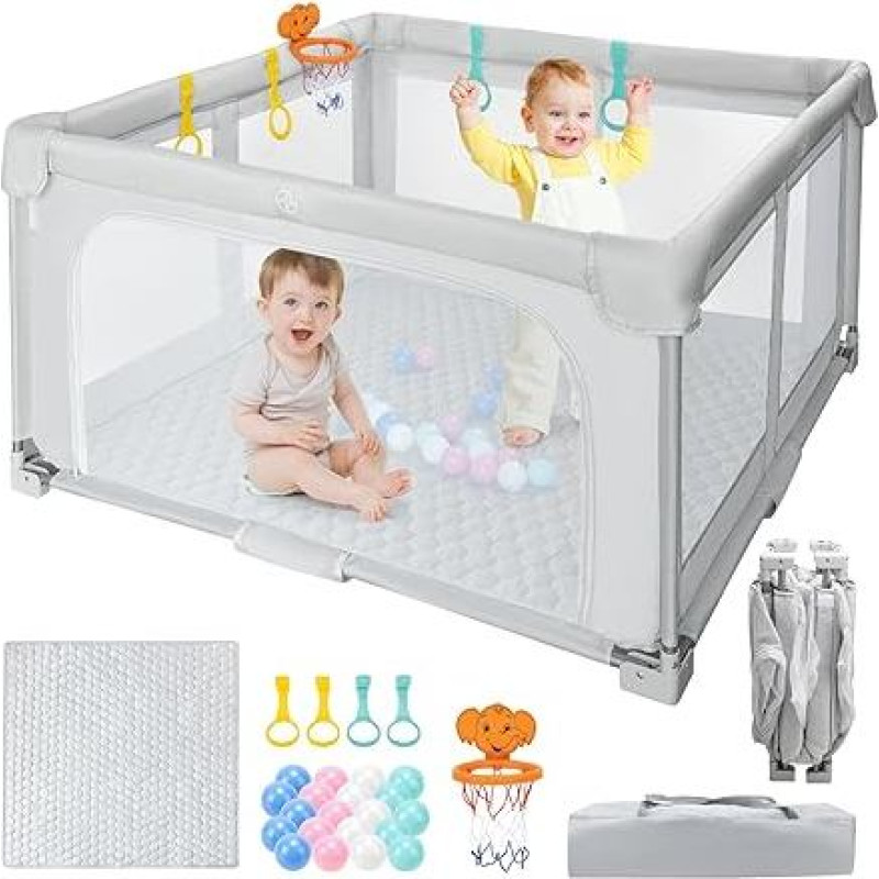 Sulankstoma kūdikių žaidimų palapinė 127 x 127 cm: Su transportavimo krepšiu, 20 kamuolių, 4 žiedais ir krepšinio lanku bei atitinkamu putplasčio kilimėliu.