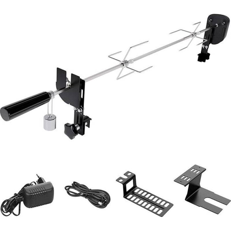 Grilio iešmų rinkinys su 2 mėsos adatomis, varikliu, USB kabeliu ir adapterio jungtimi, elektrinė kepsninė, skirta virduliams, anglių kepsninėms, dujinėms kepsninėms ir kepsninėms, reguliuojamas ilgis 69-137