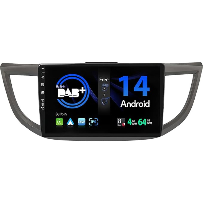 SXAUTO Built-In DAB Android 12 IPS Car Radio for Honda CRV (2012-2016) - Built-in Carplay/Android Car - Camera + MIC - 4G + 64G - 360-CAM Steering Wheel Control Fast Boot WiFi DSP - 2 DIN 10.1 Inches