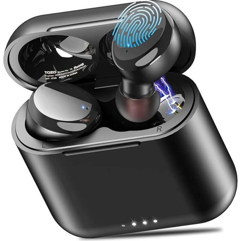 TOZO T6 Bluetooth Headphones, Wireless In-Ear Headphones, Touch Control, with Wireless Charging Case, IPX8 Waterproof Earphones, Bluetooth, Built-in Microphone, Premium Deep Bass Earphones for Sports,