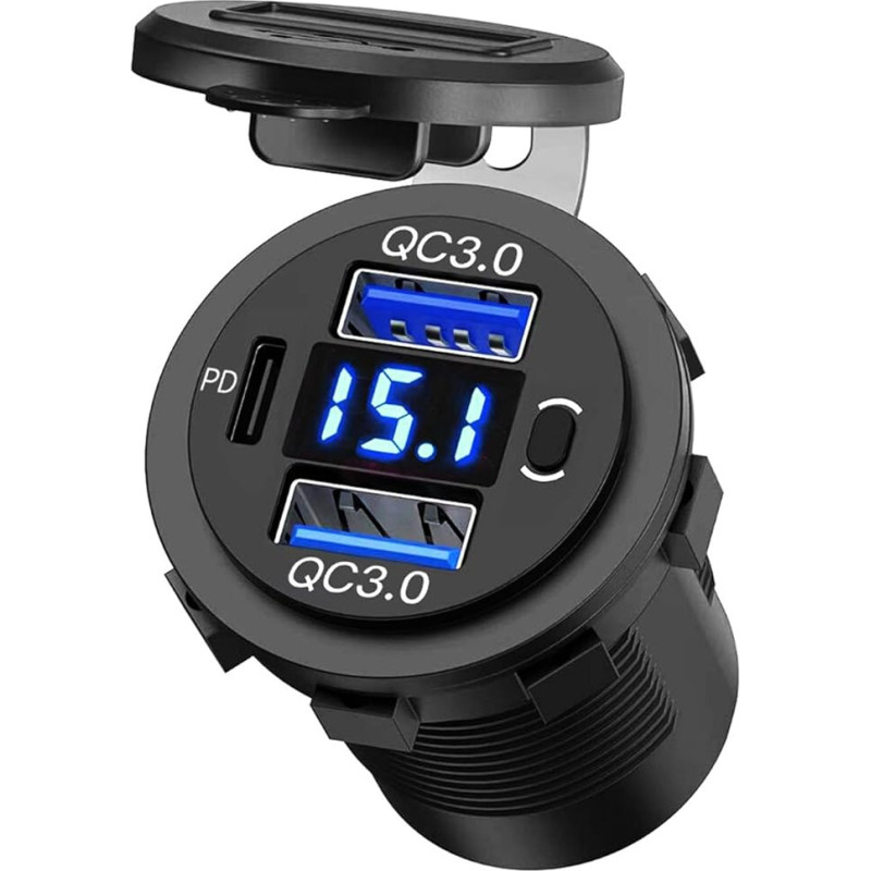 Car USB Mobile Phone Charger Dual Port QC3.0 Quick Charge Port and PD Port with LED Digital Voltmeter and On/Off Switch for Vehicles Boat Motorcycle SUV Bus Truck Caravan Marine