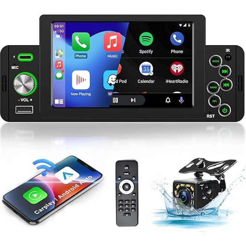 Hodozzy 1 DIN Wireless Carplay Car Radio Bluetooth with Android Car 5 Inch Touch Screen Car Radio 1 DIN with Screen with Mirror Link/USB/FM/SWC + Reversing Camera