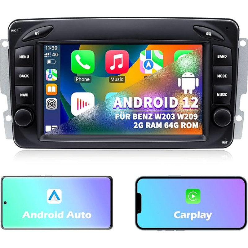 Car Radio for Mercedes Benz C-Class W203 G-Class W463 CLK W209, Android 12 2G + 64G with Carplay Android Car, 7 Inch IPS Touchscreen GPS Navigation Bluetooth Mirror Link WiFi FM Radio