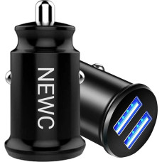 NEW'C Mini USB Car Charger with 2 Ports and AiPower Technology Compatible with iPhone, Samsung Galaxy, Smartphone, Tablet and iPad - Black