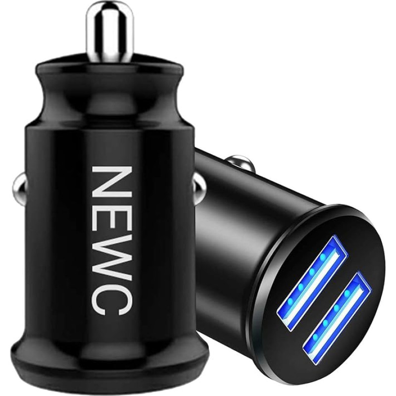 NEW'C Mini USB Car Charger with 2 Ports and AiPower Technology Compatible with iPhone, Samsung Galaxy, Smartphone, Tablet and iPad - Black