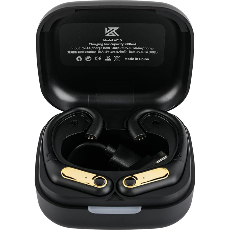 LINSOUL KZ AZ15 Improved Bluetooth 5.2 Wireless Ear Hook with Charging Case for IEMs Headphones, Lossless Transmission, 54 Hours Battery Life, One Click Operation (Black, KZ AZ15)