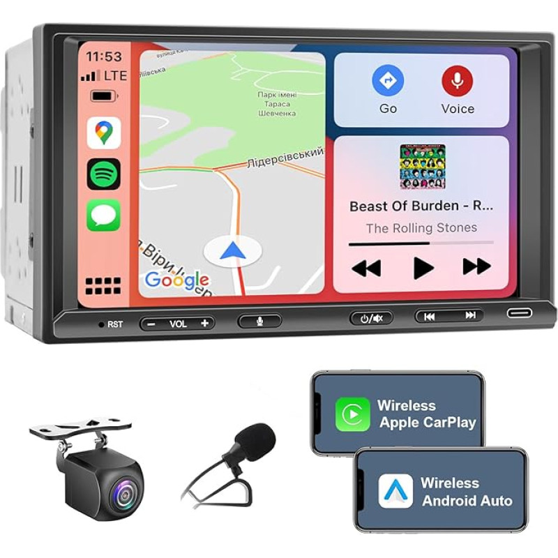 Double DIN Radio Android with Wireless CarPlay & Wireless Android Car, Car Radio with Navigation 7 Inch Screen, Car Radio Touch Display with Bluetooth, WiFi, 4G, Reversing Camera, AM/FM, AUX/SWC