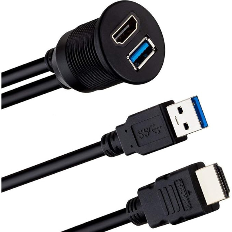 LBSC USB 3.0 & HDMI Flush Cable, USB Flush Dashboard Cable, Male to Female Extension Code for Car, Truck, Boat, Motorcycle Dashboard (6F/2M)