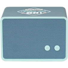 Bluetooth Speaker with Hey You! Turn me on! Design by Mr. Wonderful with a running time of 3-4 hours. Rectangular and blue.