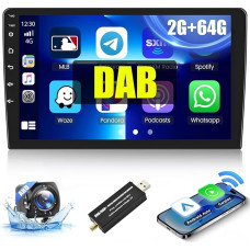 [2G + 64G] Hikity DAB/DAB+ Car Radio Double DIN with 10.1 Inch Screen Wireless Carplay Android Car 2Din Radio Android with GPS Navigation WiFi FM RDS USB Mirror Link MIC Reversing Camera