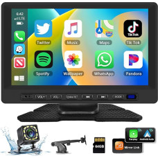 Podofo 7 Inch Portable Car Radio with Wireless A-pple Carplay & Android Car, Rotating Stand, 7-32 V Touchscreen Bluetooth Screen, SWC/EQ/Mirror Link/TF/USB/AUX + 64G TF Card Support Camera