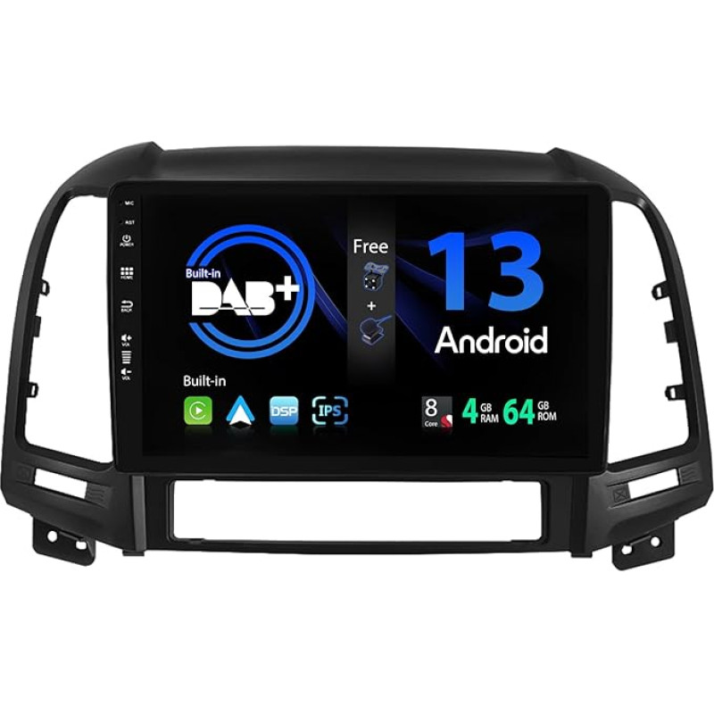 SXAUTO - Built-in DAB - Android 13 IPS Car Radio for Hyundai Santa FE (2006-2012) - Built-in Carplay/Android Car - LED Camera + Mic - 4G + 64G - 360-CAM Steering Wheel Control Fast Boot WiFi - 2 DIN 9