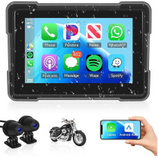 Podofo Portable Wireless Carplay & Android Car Radio for Motorcycles, 5 Inch Touch Screen with Bluetooth, GPS Navigation, Mirror Link, IP67 Waterproof + Dash Cam & Reversing Camera