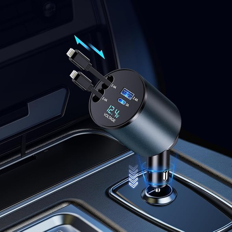 Compact 4-in-1 Retractable Car Charger: Fast Charging for iPhone 15/14/13/12/11 Pro/iPad, Samsung, Pixel and More on the Go