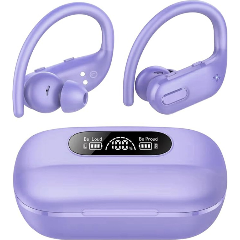 Bluetooth Sports Headphones, Wireless Bluetooth 5.3 Headphones In Ear with 4 ENC Microphones, 80 Hours Deep Bass, Button Control, IPX7 Waterproof Earphones with Ear Hooks for iOS/Android, Purple