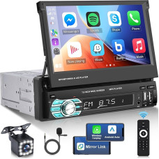 DIN 1 Car Radio with Screen with Wireless Carplay and Android Car - 7 Inch Car Radio with Retractable Display with Bluetooth Mirror Link USB Type C with AHD Reversing Camera and Remote Control