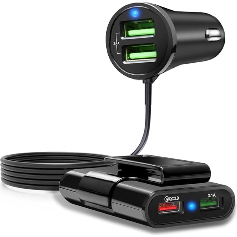 4 Multi Ports Car Charger, QC 3.0 Car Charger Adapter USB Car Charger for Smartphone, Multi Cigarette Lighter Adapter Socket Splitter Extender with 5 ft Cable for Charging the Front and Back Seat