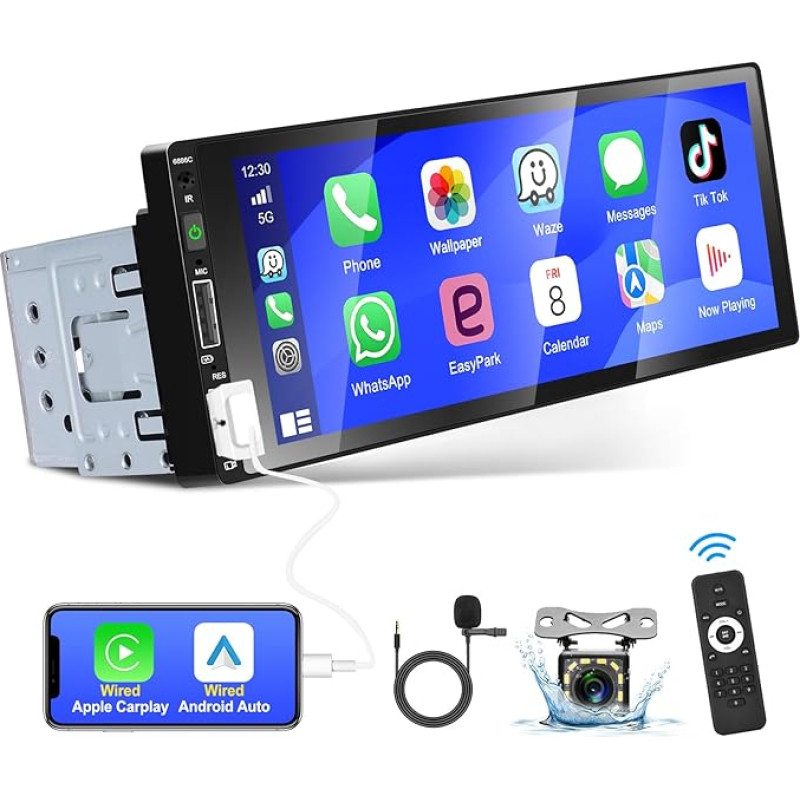 Podofo Car Radio 1 DIN with CarPlay, Bluetooth, Android Car, with 6.86 Inch Screen, Car Radio Display, Supports FM Mirror Connection, Reversing Camera and Microphone