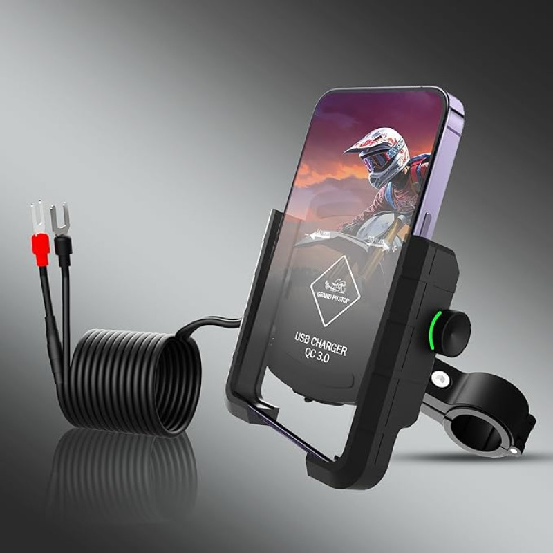 GRAND PITSTOP Grandpitstop Jaw Grip Aluminium Waterproof Bike/Motorcycle/Scooter Mobile Phone Holder Mount with Fast USB 3.0 Charger, Ideal for Maps and GPS Navigation - Black