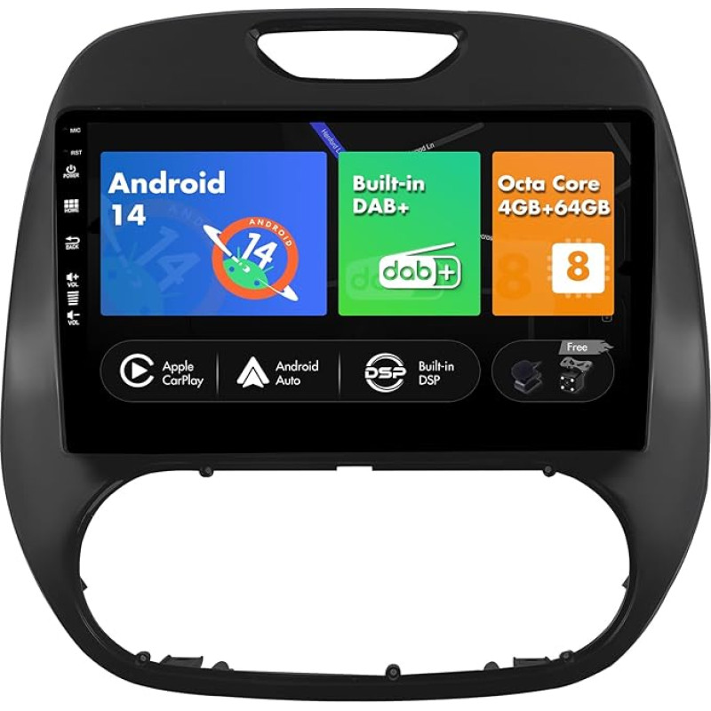 SXAUTO - [Built-in DAB] - Android 14 Car Radio for Renault Kaptur Captur (2014-2019) - CarPlay Android Car - Camera + Mic - 4G + 64G - 360-CAM Steering Wheel Control WiFi Bluetooth - 2 DIN IPS 9 Inch