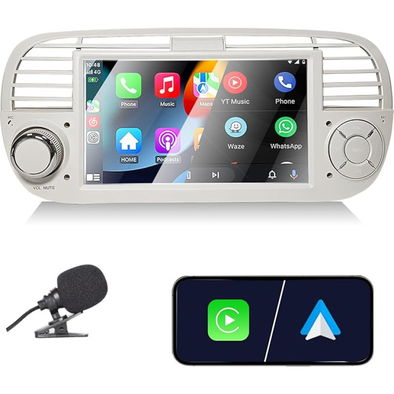 Liubobu Car Radio for Fiat 500 2007-2015 Compatible Wireless Carplay & Android Car, 7 Inch Fiat 500 Radio with Touch Screen/Bluetooth/FM/AM/USB/DPS/RDS/Mirror Link-White