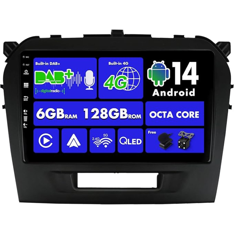 SXAUTO Android 13 - Built-in 4G LTE DAB - 6G + 128G - Car Radio for Suzuki Vitara (2014-2020) - Dual Band WiFi - CarPlay Android Car - Camera + Mic - Steering Wheel Control DSP Bluetooth - QLED 9 Inch