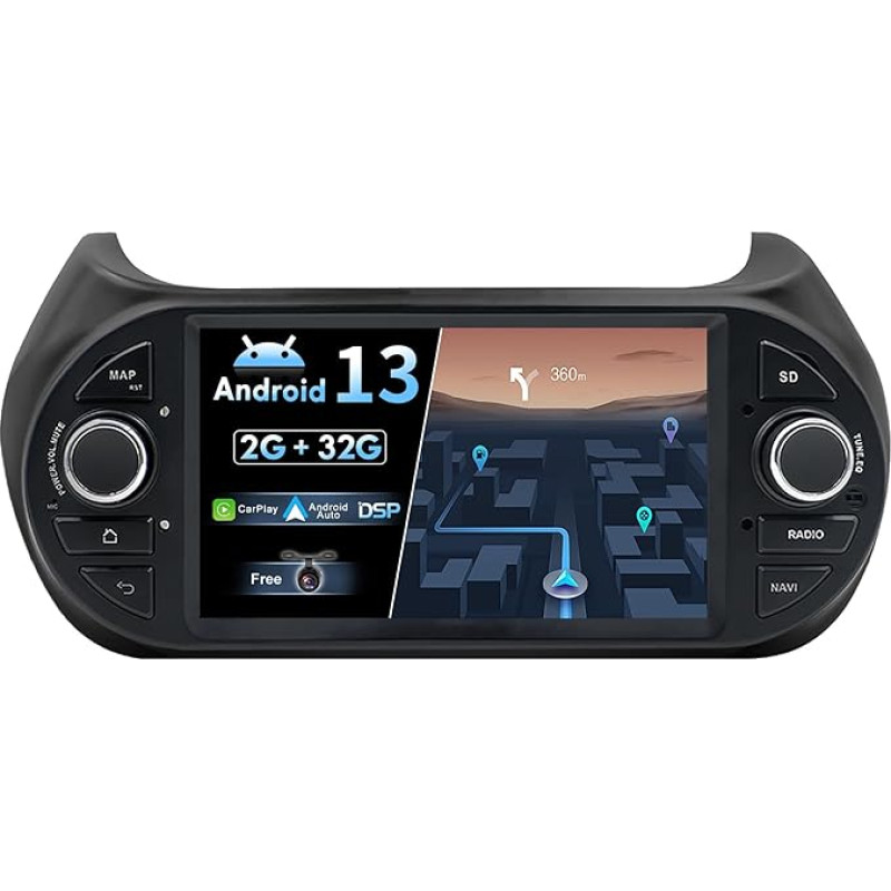 BXLIYER Android 13 Car Radio for Fiat Fiorino/Qubo/Citroën Nemo/Peugeot Bipper - Built-in CarPlay Android Car - Reversing Camera + MIC - 2G + 32G - 7 Inch 2 DIN - DAB Steering Wheel Control WiFi Fast