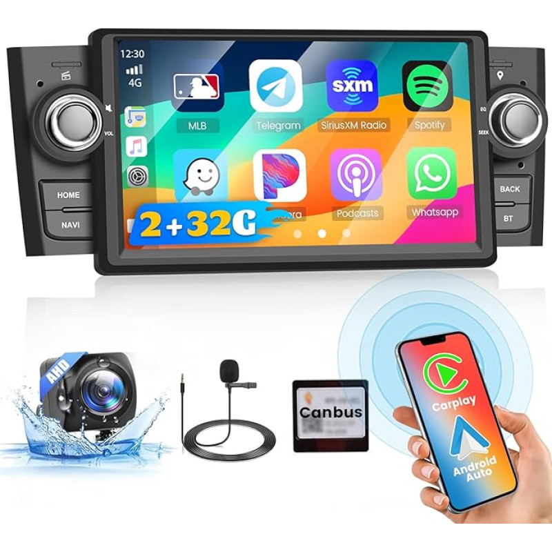 Inefala 2 + 64 GB Android Car Radio for Fiat Punto 2005-2009 / Linea 2007-2011, 7 Inch Touchscreen CarPlay 2 DIN Car Radio with Android Car, Mirror Link, WiFi, GPS, RDS FM, AHD Reversing Camera