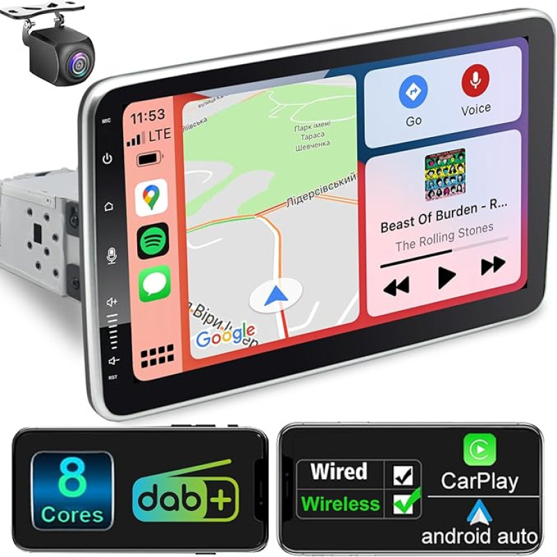 Android Car Radio with Navigation 10 Inch Screen Built-in DAB+ Wireless Android Car & Wireless Carplay 1 DIN Car Radio Touch Display with Bluetooth 8 Core 2G + 32G WiFi 4G GPS AM/FM RDS